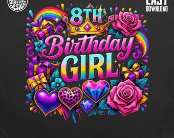 8th Birthday Girl PNG: Princess Rainbow Leopard Print (Digital File)