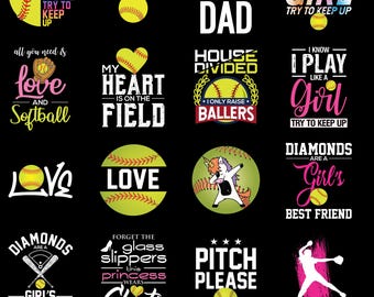 16 Softball PNG Digital Bundle Retro Graphics Shirt Designs Quotes Clipart Commercial Use