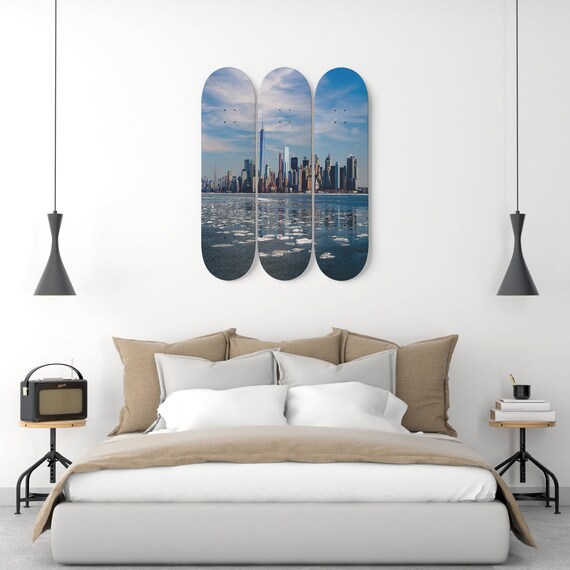 New York City Skyline Wall Art Decor Manhattan Photography 3 Piece Deck Set Maple Wood Decoration For Home Bedroom