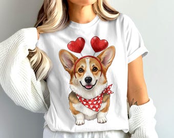 Cute Corgi Valentines PNG: Dog with Glitter Hearts Headband Bandana, Funny Puppy Art, Digital Download