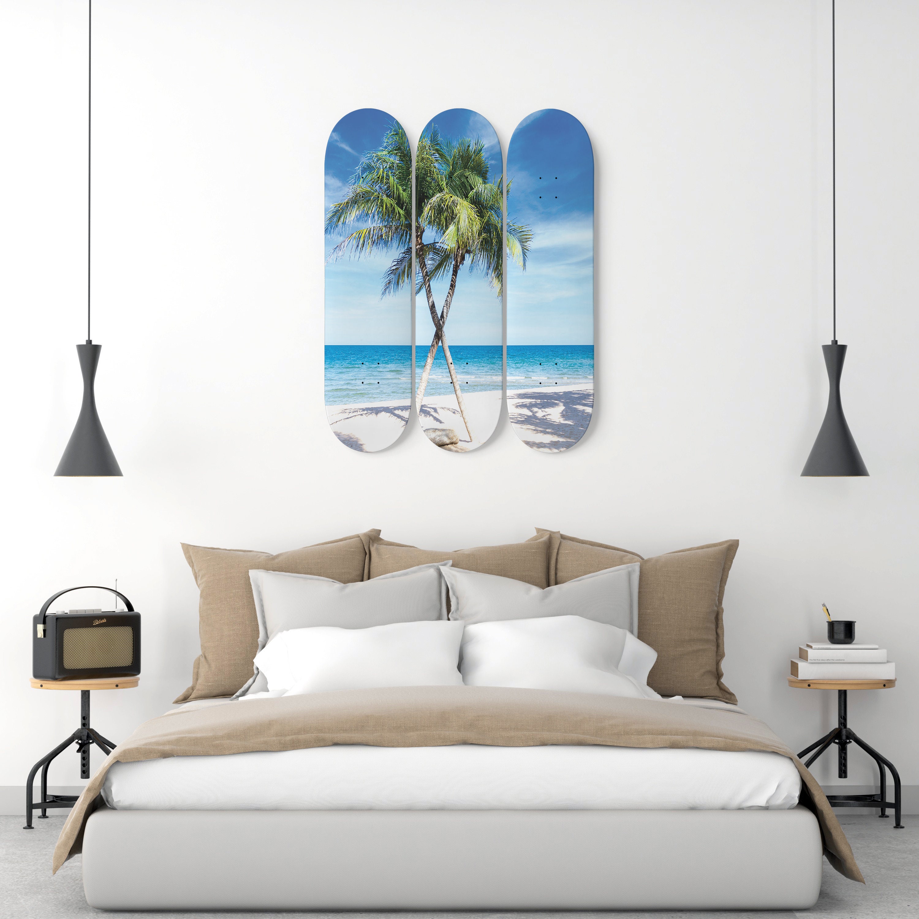 Palm Trees Beach Skateboard Wall Art Decor Paradise Maple Wood 3 Piece Deck Set Summer Themed Decoration Gift For Home Bedroom