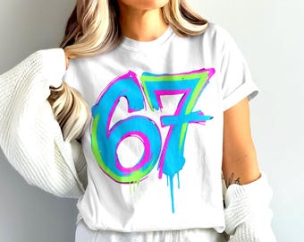 Graffiti 67 Meme PNG: Sixty Seven Gen Alpha Number, Funny Viral, Neon Colors, Spray Paint Download