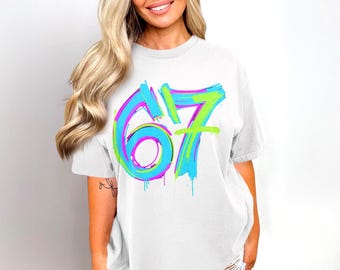 Graffiti 67 Meme PNG: Sixty Seven Gen Alpha Number, Teenager Viral, Neon Colors, Spray Paint Download