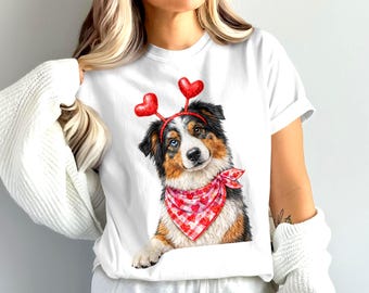 Valentines Aussie Dog PNG: Funny Australian Shepherd Dog with Hearts, Digital Instant Download