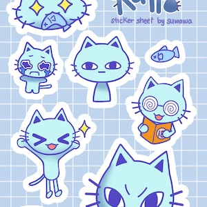 Puede incluir: Una hoja de pegatinas con varias ilustraciones de gatos de dibujos animados de color azul claro con diferentes expresiones. La hoja incluye la palabra "Katto" y el texto "sticker sheet by suwawa". El fondo es un patrón de cuadrícula azul claro.