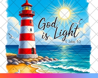 Christian Lighthouse Beach PNG: Dio è luce, versetto della Bibbia (download digitale)