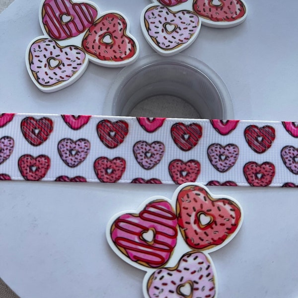 Valentine's Donut Ribbon -  Valentine's Ribbon - Heart Donut Resin - Valentine's Donut Resin - Flatback Resins - 7/8" Grosgrain Ribbon