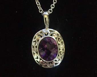 14k White Gold Amethyst & Diamond Pendant Necklace