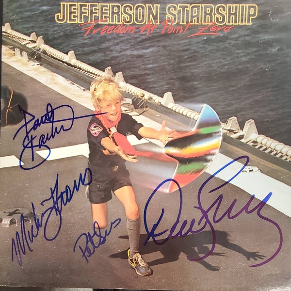 Jefferson Starship "Freedom At Point Zero" Album Cover 4x Hand Signed by Mickey Thomas Paul Kantner David Freiberg & Pete Sears w/ LOA