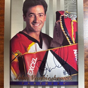 Retrato de estudio de los Florida Panthers firmado a mano por John Vanbiesbrouck 1997 Tarjeta de hockey de la NHL autógrafa Donruss XL de 8 x 10" con LOA