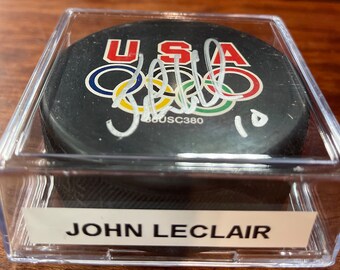 John LeClair #10 Hand Signed Autographed USA Hockey Olympics  Hockey Puck  w/ LoA +  Hologram