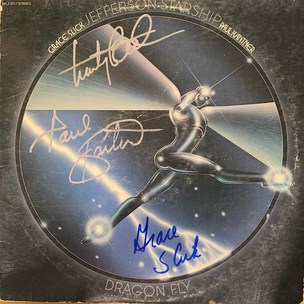 Jefferson Starship Dragon Fly Album Cover 3x Hand Signed by Grace Slick Marty Balin & Paul Kantner In Silver Blue Sharpie LOA