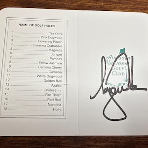 Tarjeta de puntuación de golf autografiada y firmada a mano de Tiger Woods para el Masters 2023 Augusta National con LOA