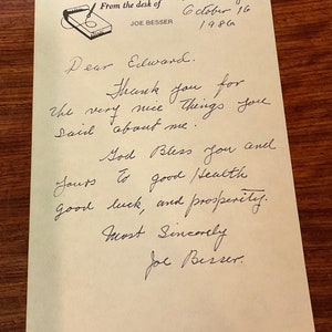 Carta firmada a mano de Joe Besser (LOS TRES CHIFLADOS) 1986