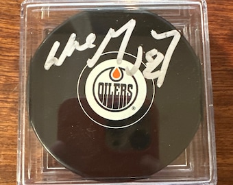 Wayne Gretzky Disco de juego oficial de la NHL autografiado y firmado a mano de Edmonton Oilers con LOA