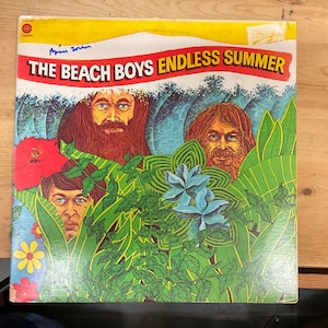 May include: A vintage vinyl record album cover featuring a colorful illustration of three men with long hair and beards, surrounded by lush green foliage and blue flowers. The album title "THE BEACH BOYS ENDLESS SUMMER" is printed in bold white letters on a yellow background.