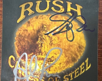 Rush 5x5" download card "Caress of Steel" Double Hand Signed Autographed By Both Geddy Lee And Alex Lifeson w/ LOA