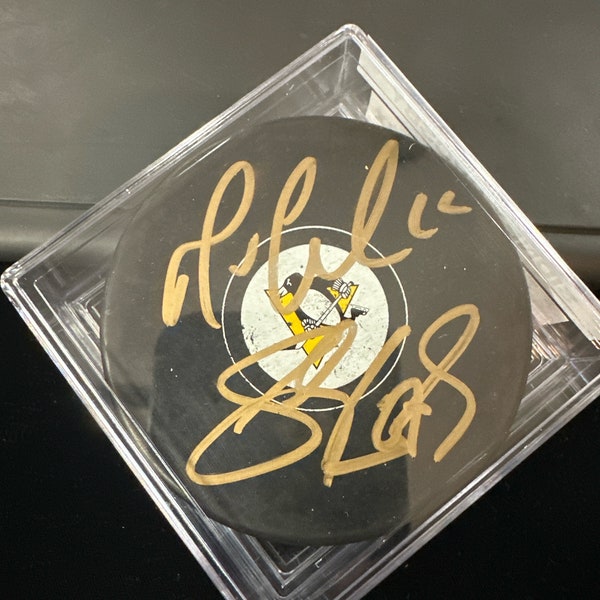 Mario Lemieux &  Sidney Crosby Hall of Fame Hand Signed Autographed Official NHL Hockey Puck Pittsburgh Penguins w/ LOA