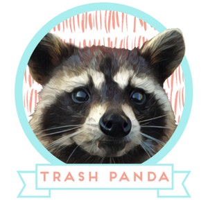 May include: A close-up of a raccoon's face with a mischievous expression. The raccoon is in a circle with a pink and white striped background. The text "Trash Panda" is on a blue ribbon below the circle.