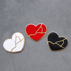 Kintsugi Heart Hard Enamel Pin by Pteroble - Red, Black or White Kintsukuroi Broken Heart Lapel Pin - Wabi Sabi Brooch for Mental Health