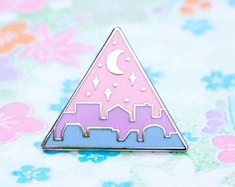 Cute Enamel Pins - Nightfall Cityscape Lapel Pin - Space Kei Celestial Pin - Silver Crescent Moon and Stars over a city in Yume Kawaii style