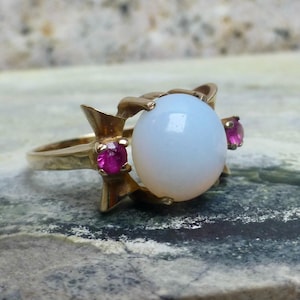 Size 5.5, Vintage Modernist White Opal and Ruby Ring, 10k Opal Ring