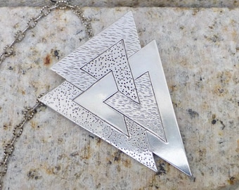 Sterling Silver Brutalist Necklace: 1970s Modernist Pendant
