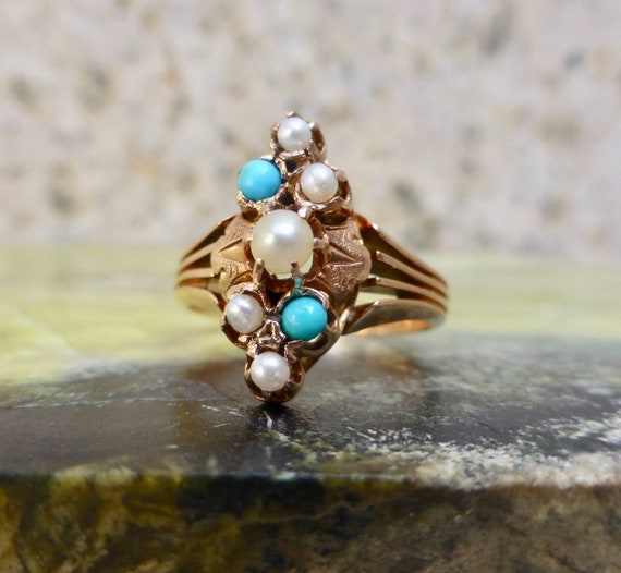 Victorian Turquoise Ring, Persian Turquoise and Pe