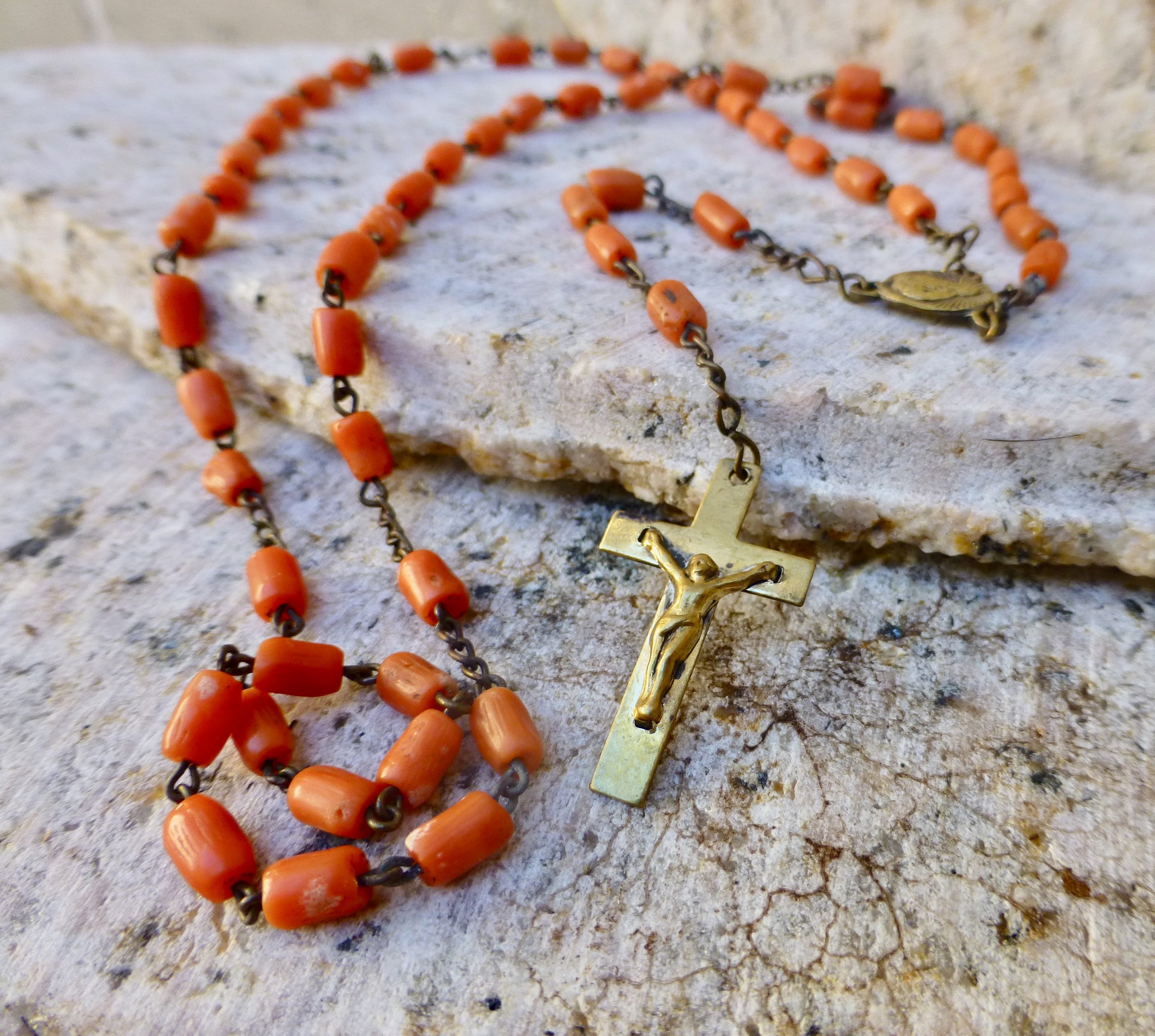 Coral rosary beads deals