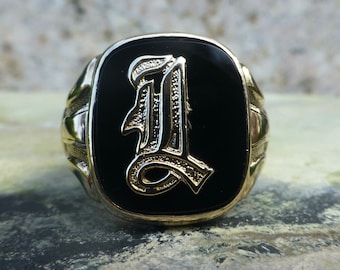 Size 10, Vintage Onyx Men's Letter J Monogram Signet Ring In 10 Karat Gold