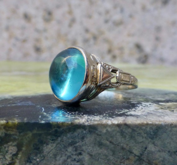 Art Deco Blue Paste Ring, Blue Glass Gem Ring, Ant