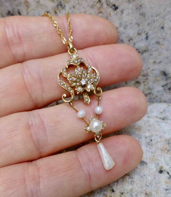 Antique Pearl Necklace, Art Nouveau Gold Pearl Pen