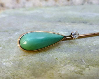 Art Deco Turquoise and Diamond Stick Pin In 10 Karat Yellow Gold