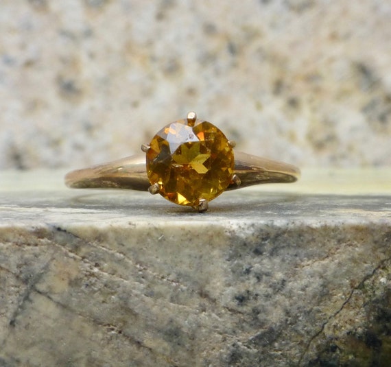 Art Deco 10K Rose Gold Ring: Yellow Glass Gem, Size 4 3/4 View 2