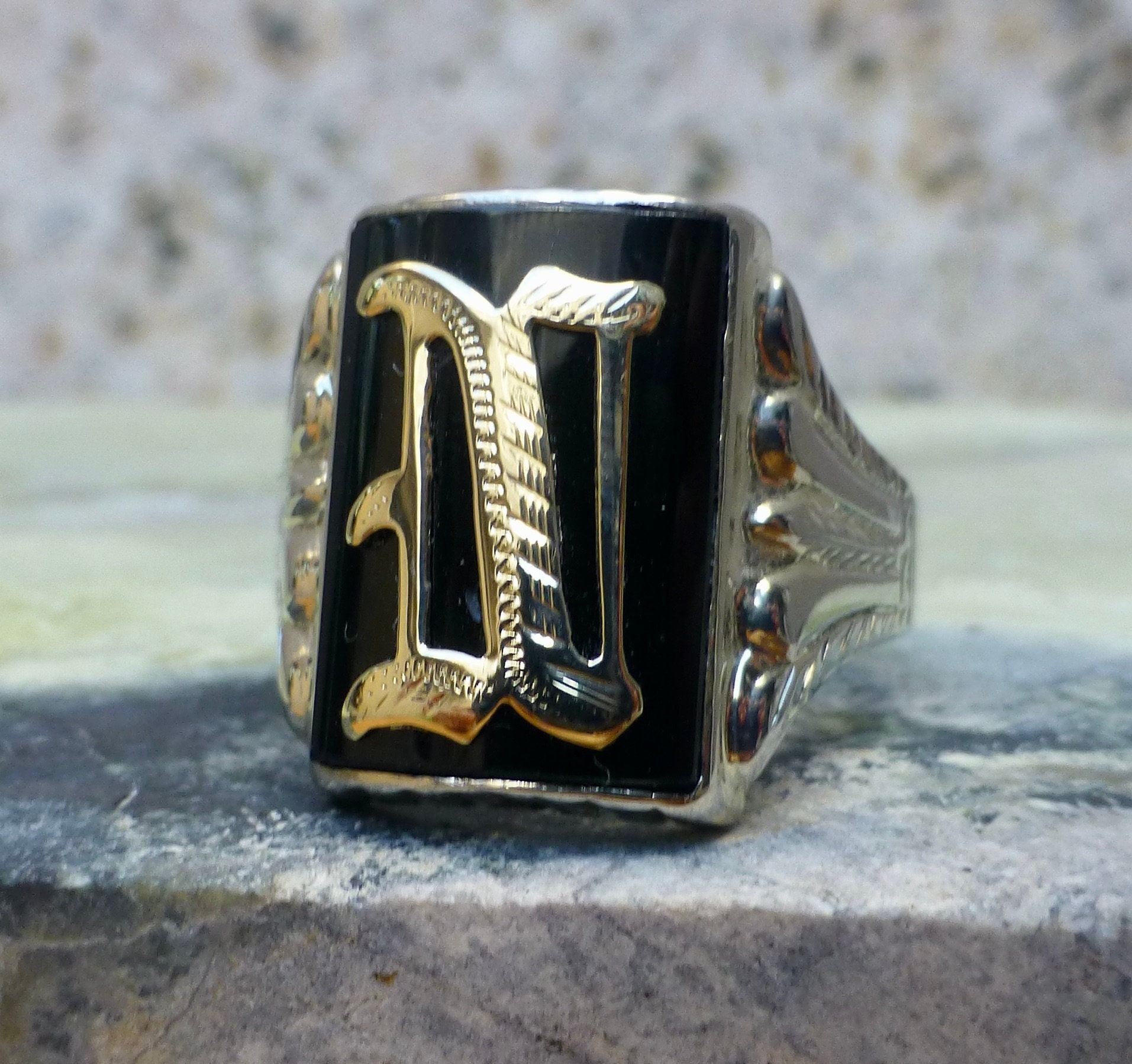 Art Deco Letter N Onyx Signet Ring in 14K Gold, Size 11.5 - Etsy