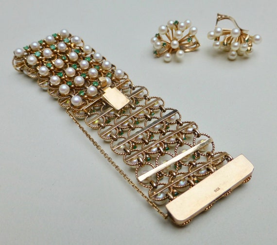 Natural Emerald and Pearl Bracelet and Earrings, … - image 5