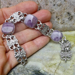 Antique Art Deco Amethyst And Silver Panel Bracelet, Size 7.5 Inches Long