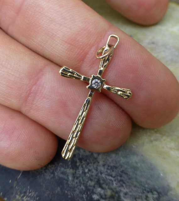 Vintage Diamond Cross, Brutalist 14k Cross, Cross 