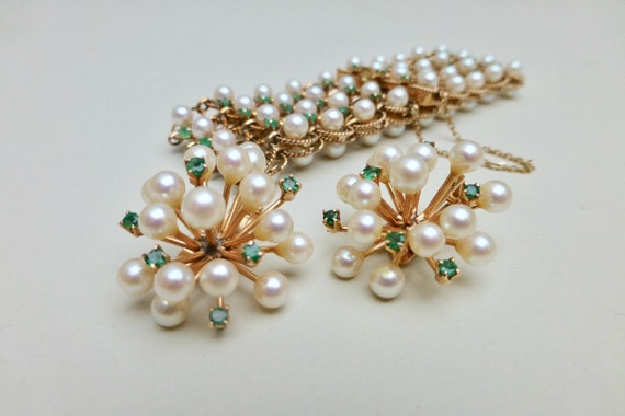 Natural Emerald and Pearl Bracelet and Earrings, … - image 2