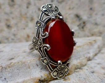 Size 6, Art Deco Silver and Carnelian Dinner Ring