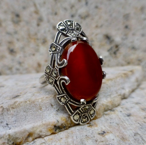 Vintage Carnelian Statement Ring Art Deco Silver and - Etsy