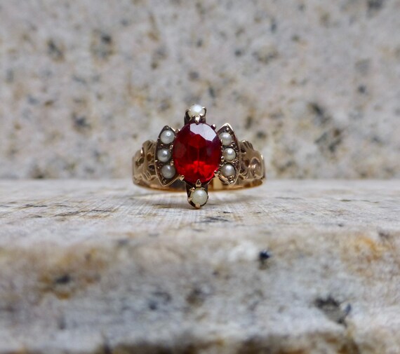 Victorian Garnet Ring, Garnet and Pearl Ring, Rose