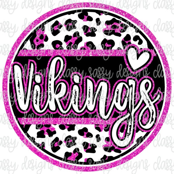 Vikings Pink Glitter School Mascot Leopard Cheetah Animal Print Sublimation Transfer Ready to Press