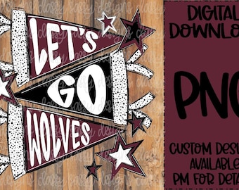 Let's Go Wolves Maroon School Mascot, Banner, Doodle, School Spirit, Sports, PNG INSTANT DOWNLOAD Sublimation, Dtf, Print and Cut