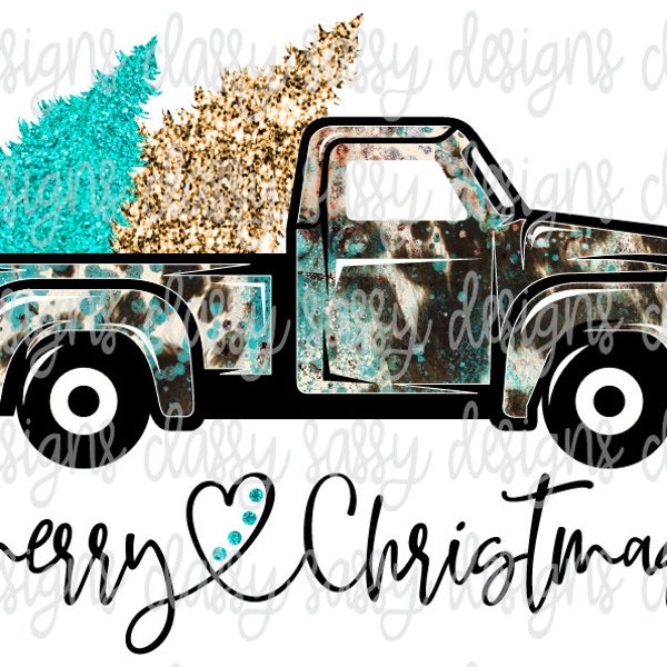 Merry Christmas Truck Trees Cow Print Turquoise Western Aztec Sublimation Transfer Ready to Press