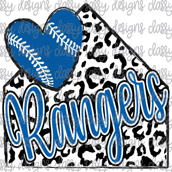 Rangers Royal Blue Home Plate School Mascot Baseball Softball Leopard Cheetah Animal Print Sublimation Transfer Ready to Press