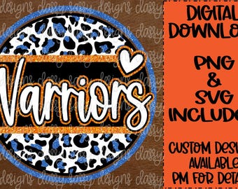 Warriors koningsblauw en oranje glitter school mascotte, school geest, SVG PNG INSTANT DOWNLOAD print- en snijbestand, dtf, sublimatie