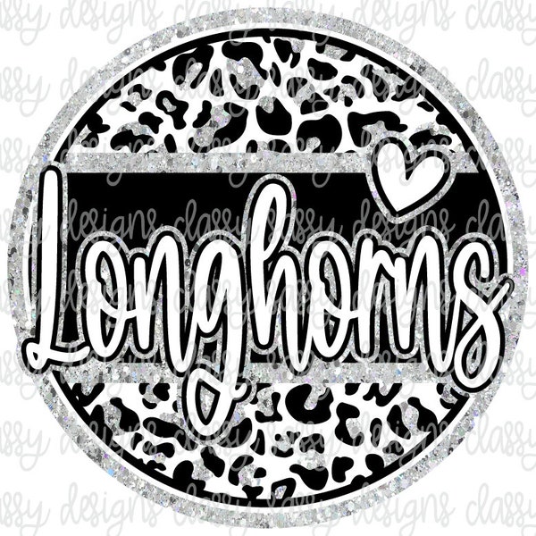 Longhorns Silber Glitzer Schule Maskottchen, Schule Geist png, SVG PNG Sofortiger Download Print und Cut Datei Sublimation DTF