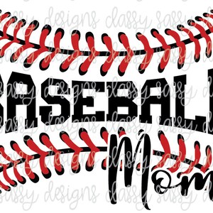Peut inclure: Graphique sur le thème du baseball noir et rouge avec le texte "Baseball Mom" dans une police stylisée.