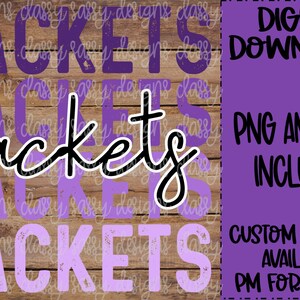 May include: Digital download of a purple and black graphic design with the text "Jackets" in a variety of styles. The text "PNG and SVG included" and "Custom designs available PM for details" is also included.